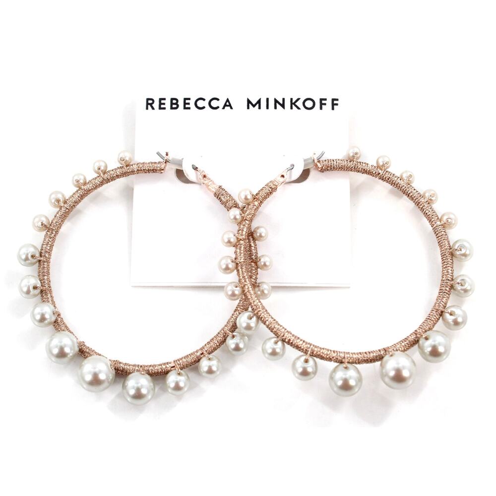 Rebecca Minkoff Rose Gold Tone Morocco Pearl Hoops $48 Tags #RM331